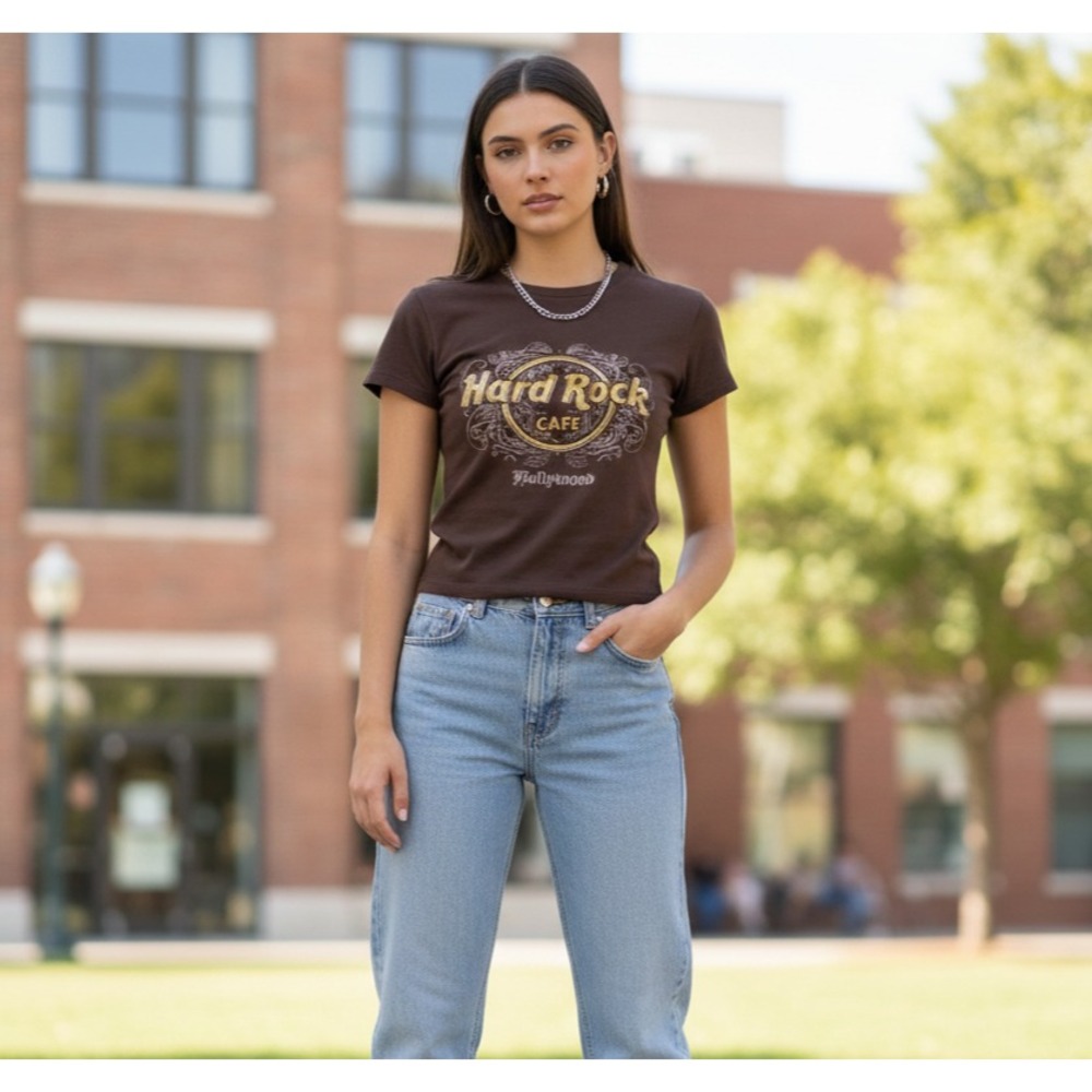 Vintage Y2K Hard Rock‎ Cafe Hollywood Tee Womens S Brown Logo Streetwear Retro